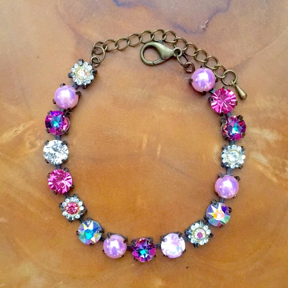 Pink +Heliotrope Aurora Borealis Antique Brass Crystal Tennis Bracelet